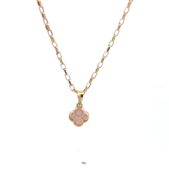 18K Gold Necklace 18" Cable Chain Rose Quartz Flower Pendant - Picture 3 of 7